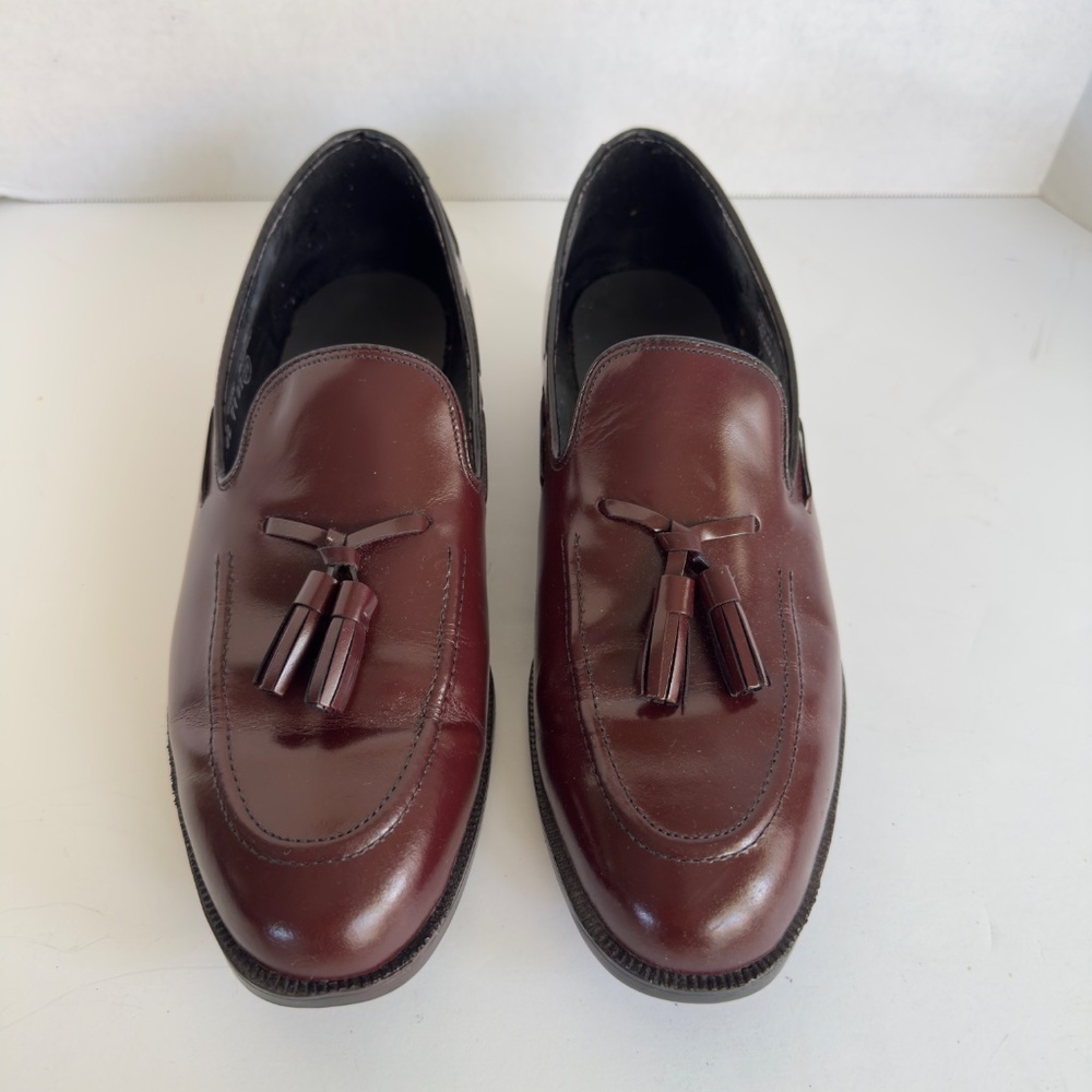 Men's Vintage Leather Tassel Loafers Dark Red Burgundy 9D